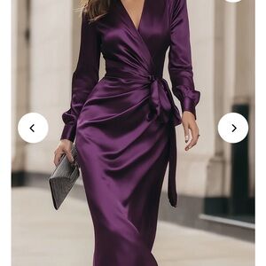 Elegant Long Sleeve Satin Dress in Deep Purple